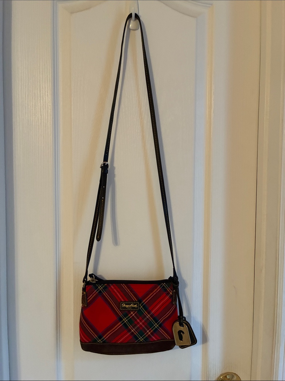Dooney & Bourke Red Plaid Tartan Crossbody Bag Black Trim brown suede - Picture 3 of 11